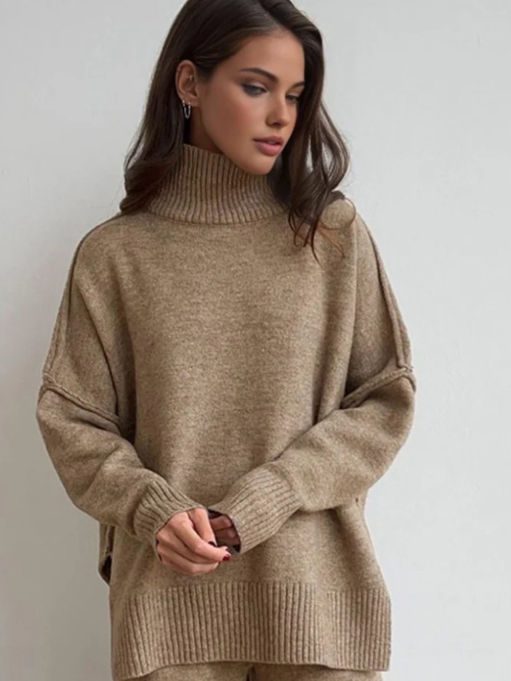Commense Oversized Camel Turtleneck Sweater - Soft Knit Pullover Size S - Picture 2 of 10